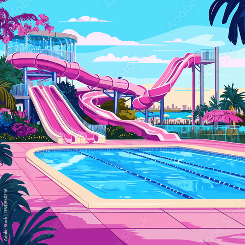 Vibrant Retro Water Park with Slides and Pools