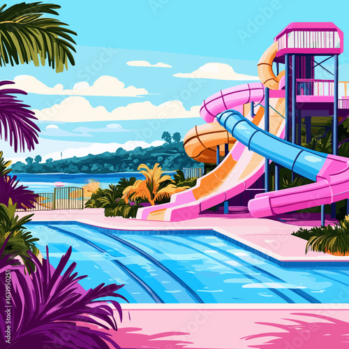 Vibrant Retro Water Park with Slides and Pools