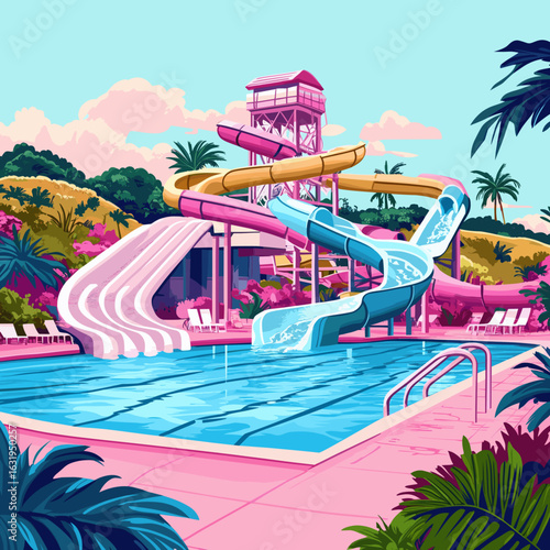 Vibrant Retro Water Park with Slides and Pools
