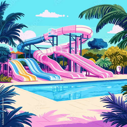 Vibrant Retro Water Park with Slides and Pools