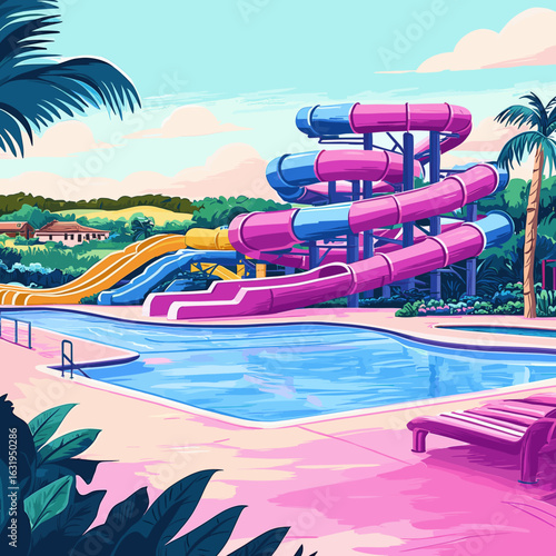 Vibrant Retro Water Park with Slides and Pools