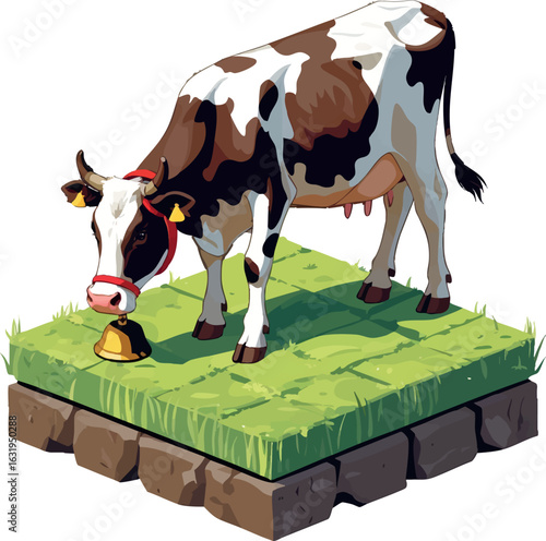 Isometric vector cow grazing on a field tile, bell around neck, vector-friendly, isolated on white