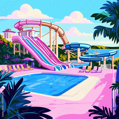 Vibrant Retro Water Park with Slides and Pools