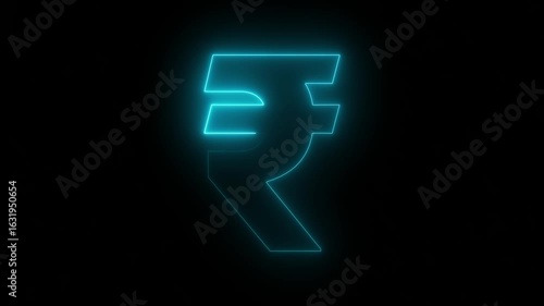 Glowing Cyan Neon Indian Rupee Symbol Against Black Background Abstract Finance Concept Digital Art