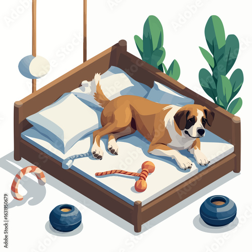 Isometric vector dog lying in pet bed with chew toy, vector-friendly, isolated on white