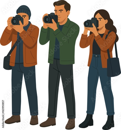 Flat vector illustration of three photographers taking pictures with cameras. Two men and one woman in casual clothes.