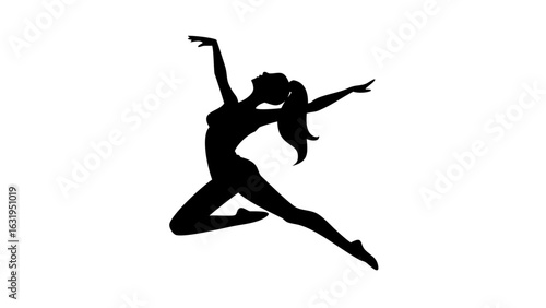 Silhouette of a woman in a dynamic pose with arms extended and ponytail in mid air motion dance