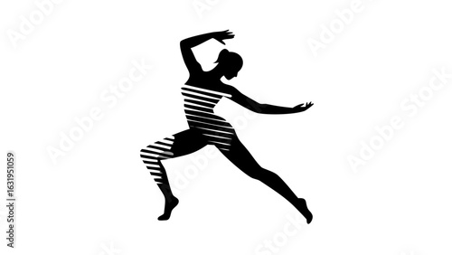 Silhouette of a woman in a dynamic pose with horizontal stripes across her body and limbs design element