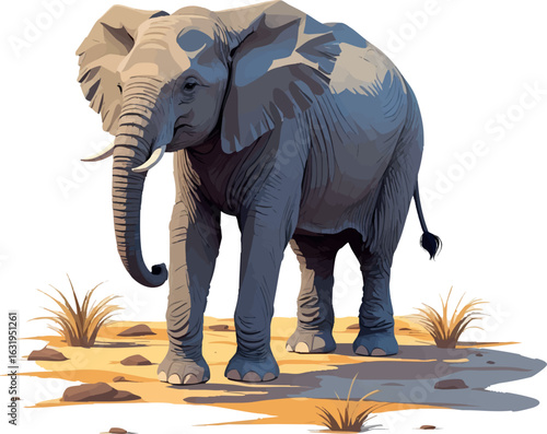 Isometric vector elephant walking slowly, trunk curled, standing on savannah, vector-friendly, isolated on white