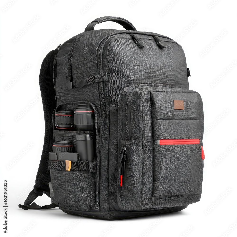 Fototapeta premium Stylish Camera Backpack with Lenses and Accessories on White Background