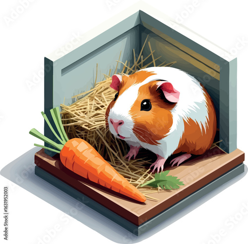 Isometric vector guinea pig in cozy corner with hay and carrots, vector-friendly, isolated on white