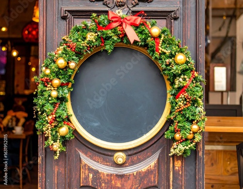 Christmas wreath framing a blank sign on a vintage door