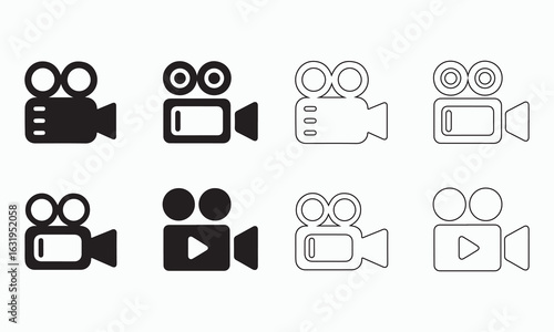 Set of video camera icons in black and white.
