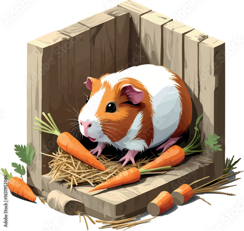 Isometric vector guinea pig in cozy corner with hay and carrots, vector-friendly, isolated on white