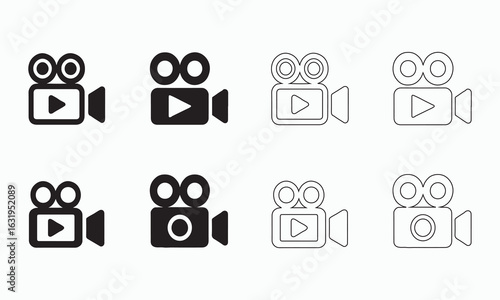 Set of video camera icons in black and white.
