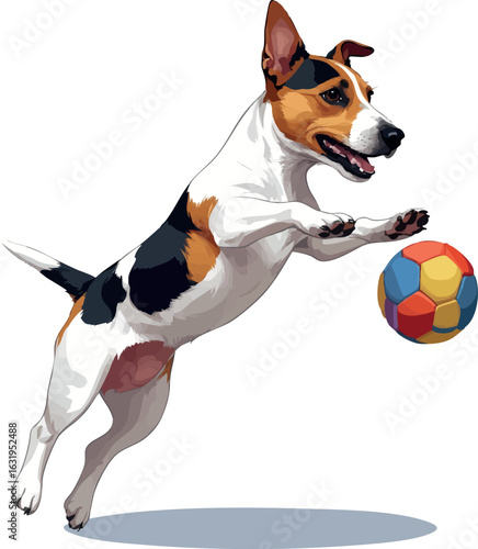 Isometric vector jack russell terrier jumping to catch toy, hyper posture, vector-friendly, isolated on white