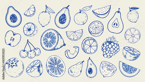Hand-Drawn Blue Fruit Illustration Set Featuring Citrus, Berries, Melon, Avocado, Apple, Pear, Cherry, and Exotic Fruits for Organic Branding, Kitchen Decor, Packaging, and Healthy Food Design