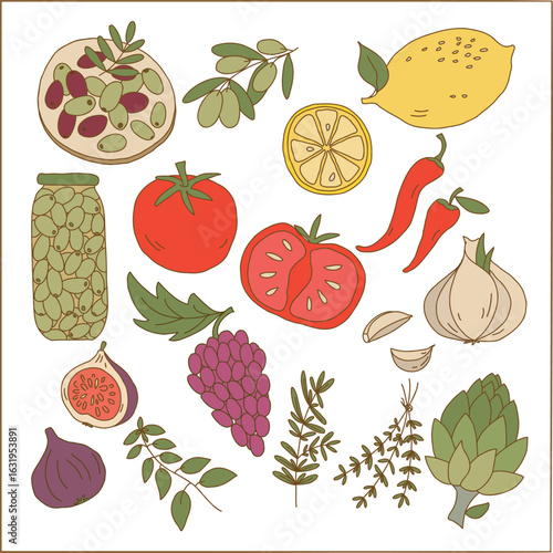 Hand Drawn Mediterranean Fresh Vegetables Fruits and Herbs Illustration Set
