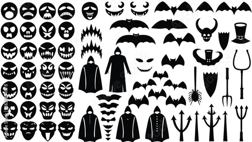 Scary Halloween Vector Icons Pack: Evil Faces, Bats, Devils, Tridents, Horror Silhouettes, Vampire Costumes, Creepy Clipart, Spooky Masks for Decorations, Printables, and Halloween Designs