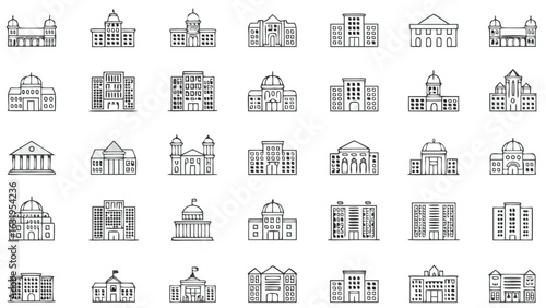Historic Building Icons Set – Black and White Government, Museum, and Cathedral Vector Silhouettes for Architecture Design, Urban Planning, Education Projects, City Maps, and Cultural Illustrations