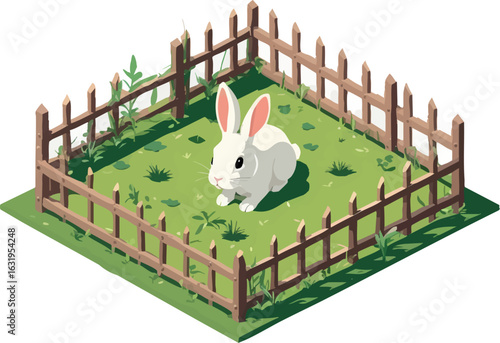 Isometric vector rabbit in small fenced garden nibbling on grass, vector-friendly, isolated on white