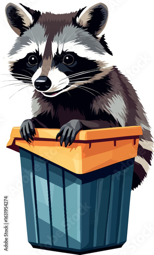 Isometric vector raccoon peeking from trash bin, polygonal body, vector-friendly, isolated on white