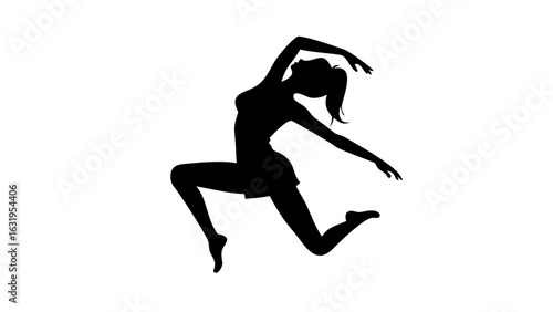 Silhouette of a woman in a dynamic pose with arms raised and one leg extended in a leaping motion
