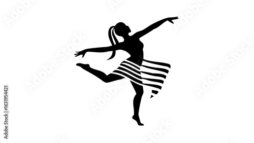 Silhouette of a woman dancing with a striped skirt and ponytail in a dynamic pose on a white background