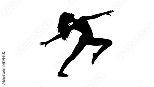 Silhouette of a woman in a dynamic pose with arms outstretched and one leg raised in mid air action