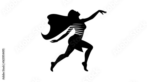 Silhouette of a woman with flowing hair and striped torso in a dynamic running pose reaching out