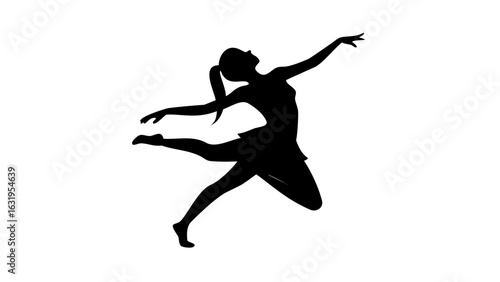 Silhouette of a woman in a dynamic pose with arms outstretched and legs extended in a leap dance move
