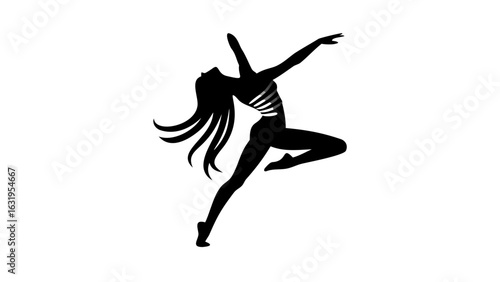 Silhouette of a woman in a dynamic dance pose with flowing hair and stylized ribcage is displayed