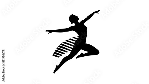 Silhouette of a woman in a dynamic pose with outstretched arms and a striped design near her waist area