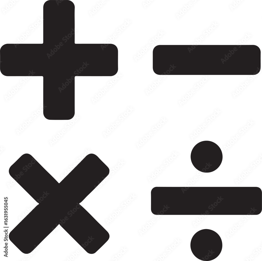 Fototapeta premium Silhouette vector of math symbols (+, -, ×, ÷) icon set. Perfect for education, math, calculation, and learning designs.