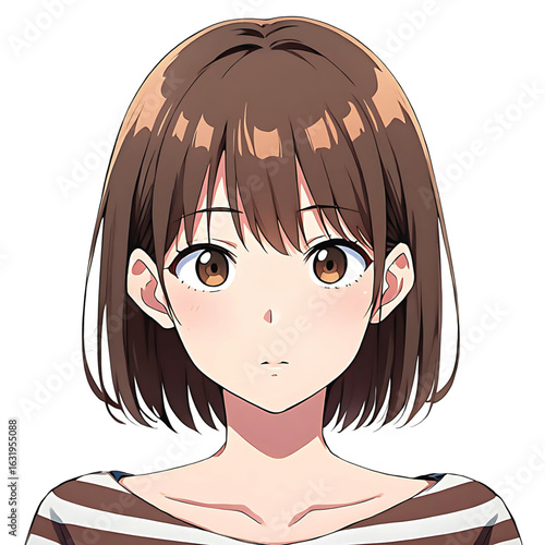 Close up portrait of a young japanese anime girl with short brown hair and large expressive eyes wearing a striped shirt isolated on a black background conveying a sense of innocence and curiosity