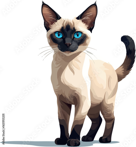 Isometric vector siamese cat standing with cream coat and dark ears, piercing blue eyes, vector-friendly, isolated on white