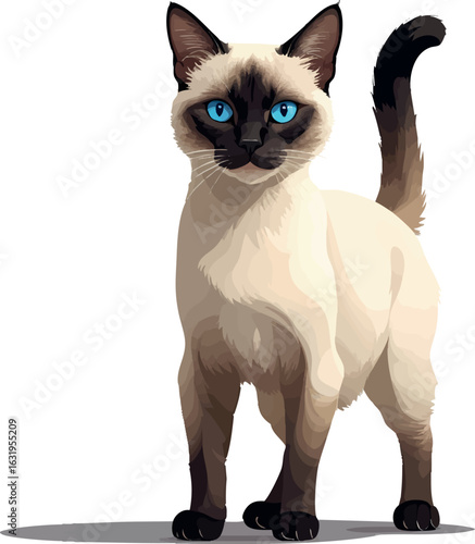 Isometric vector siamese cat standing with cream coat and dark ears, piercing blue eyes, vector-friendly, isolated on white