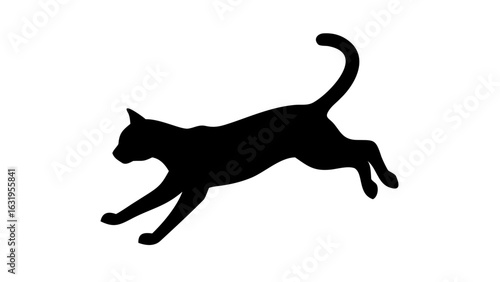 Silhouette of a black cat leaping with its tail raised high against a white background image view