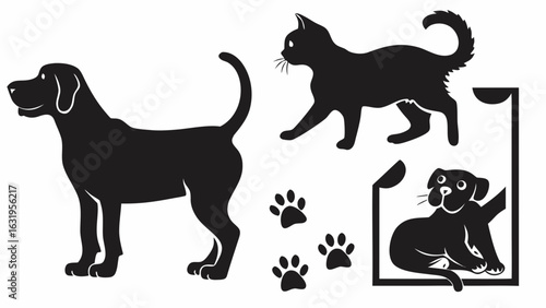 Silhouette of a standing dog, a walking cat, paw prints, and a dog in a frame illustration