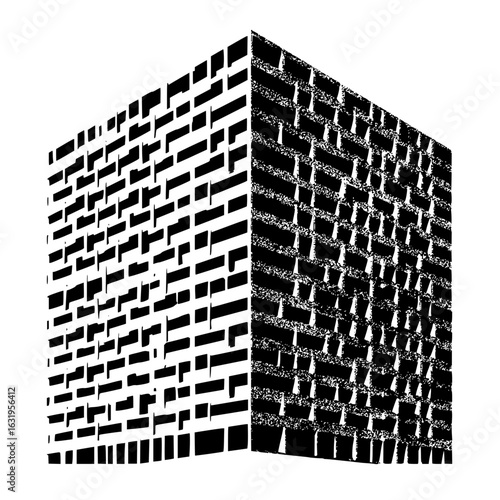 Vector abstract building with alternating black and white brick patterns on each of its visible sides minimilist