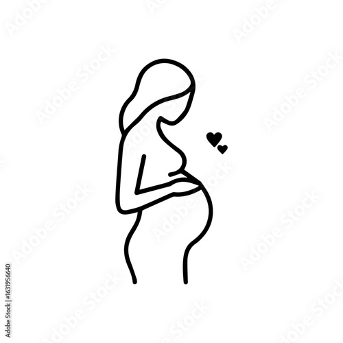 Simple Line Drawing of Pregnant Woman with Two Floating Hearts.