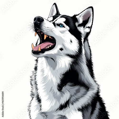 Line art vector of husky howling with open mouth and fluffy tail, side profile, vector-friendly, isolated on white