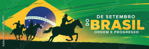 brazil independence day artwork with riding silhouettes, flag backdrop, and "ordem e progresso" text marking 7th september celebration
