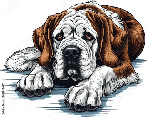 Saint bernard laying with expressive eyes and detailed drooping jowls, rich crosshatching, vector-friendly, isolated on white