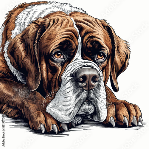 Saint bernard laying with expressive eyes and detailed drooping jowls, rich crosshatching, vector-friendly, isolated on white