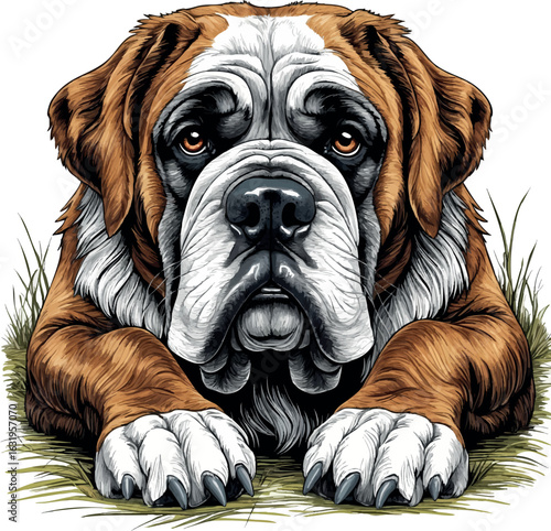 Saint bernard laying with expressive eyes and detailed drooping jowls, rich crosshatching, vector-friendly, isolated on white