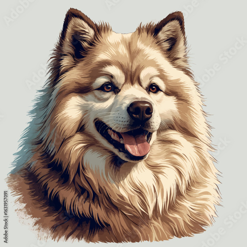Scratch-style samoyed with open-mouthed smile and rich, fluffy coat, vintage detailed style, vector-friendly, isolated on white