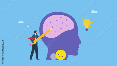 Businessman using pencil to draw positive sign on brain of human head. Think positive mindset, optimistic attitude to success in work, mentor to motivate employee for positivity.