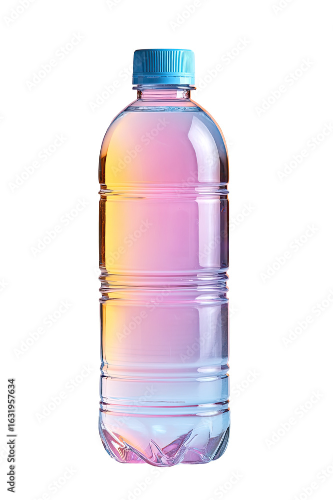 A plastic water bottle,  gradient colors,  translucent,  light blue cap A plastic water bottle,  gradient colors,  translucent,  light blue cap