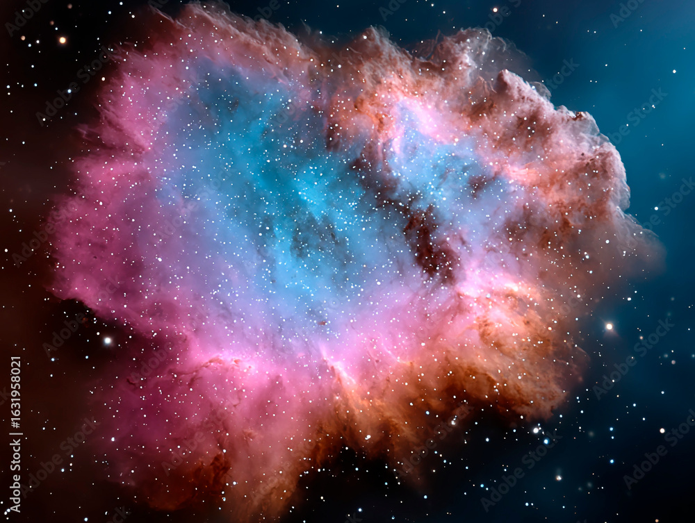 Fototapeta premium Colorful nebula in deep space glowing with vibrant blue, pink and orange gases surrounded by countless distant stars